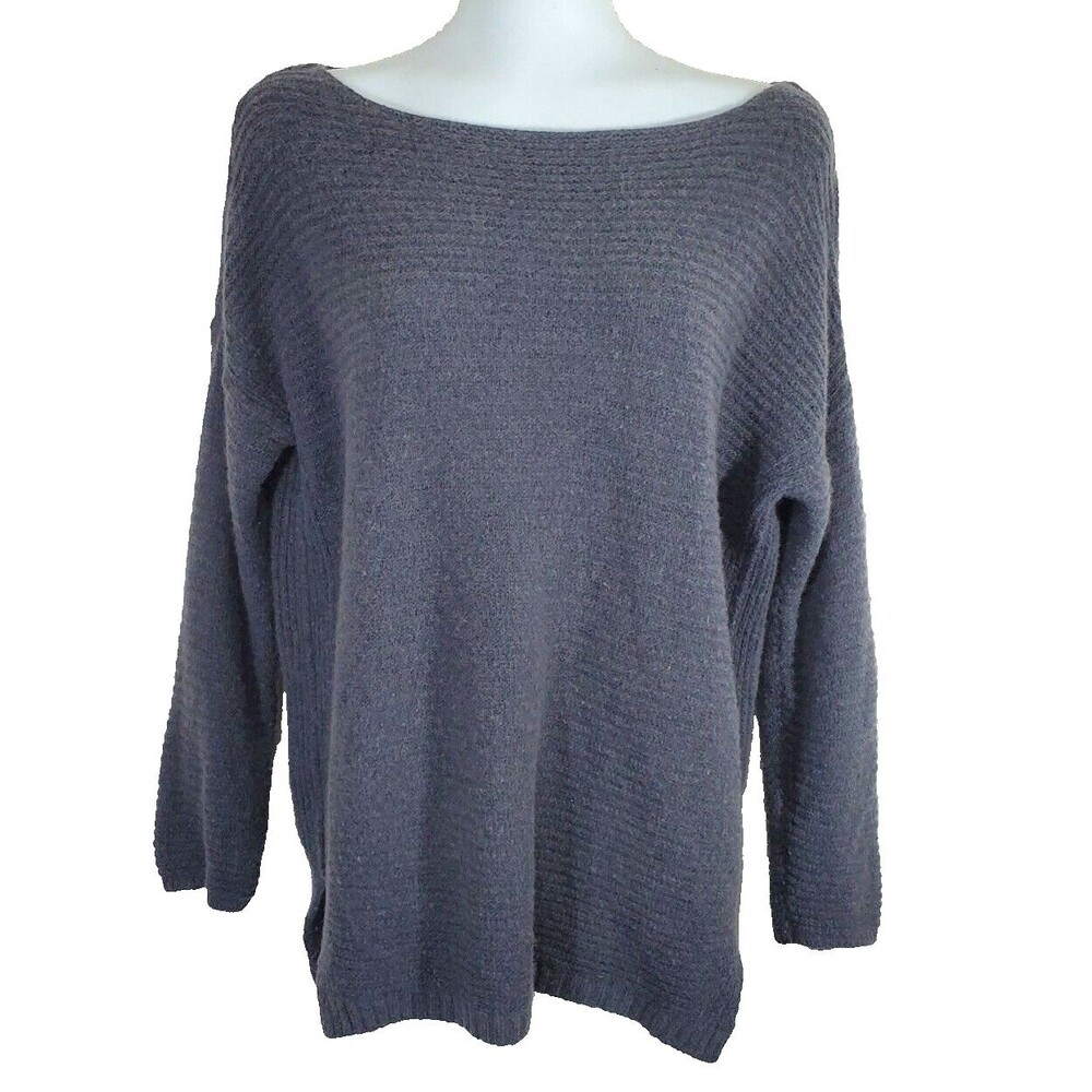 Zara Knit Sweater Medium Gray Wool Angora Blend Boat Neck Ribbed Pullover